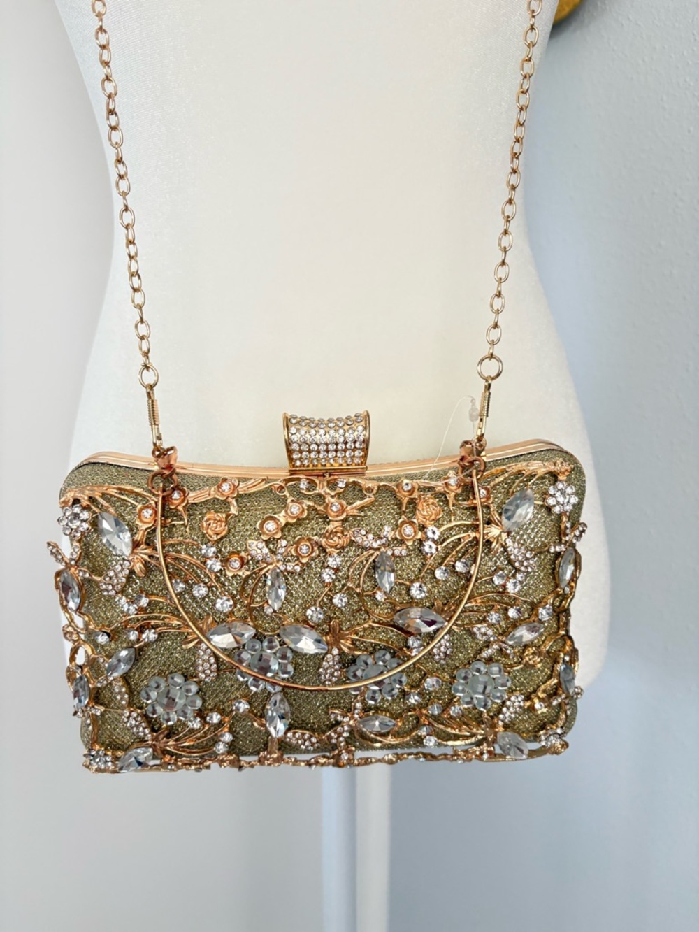 Gold Crystal Embellished Evening Clutch with Chain